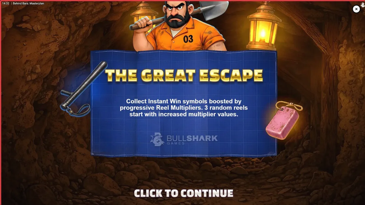 Tampilan visual slot Behind Bars Masterplan dengan tema pelarian penjara yang modern