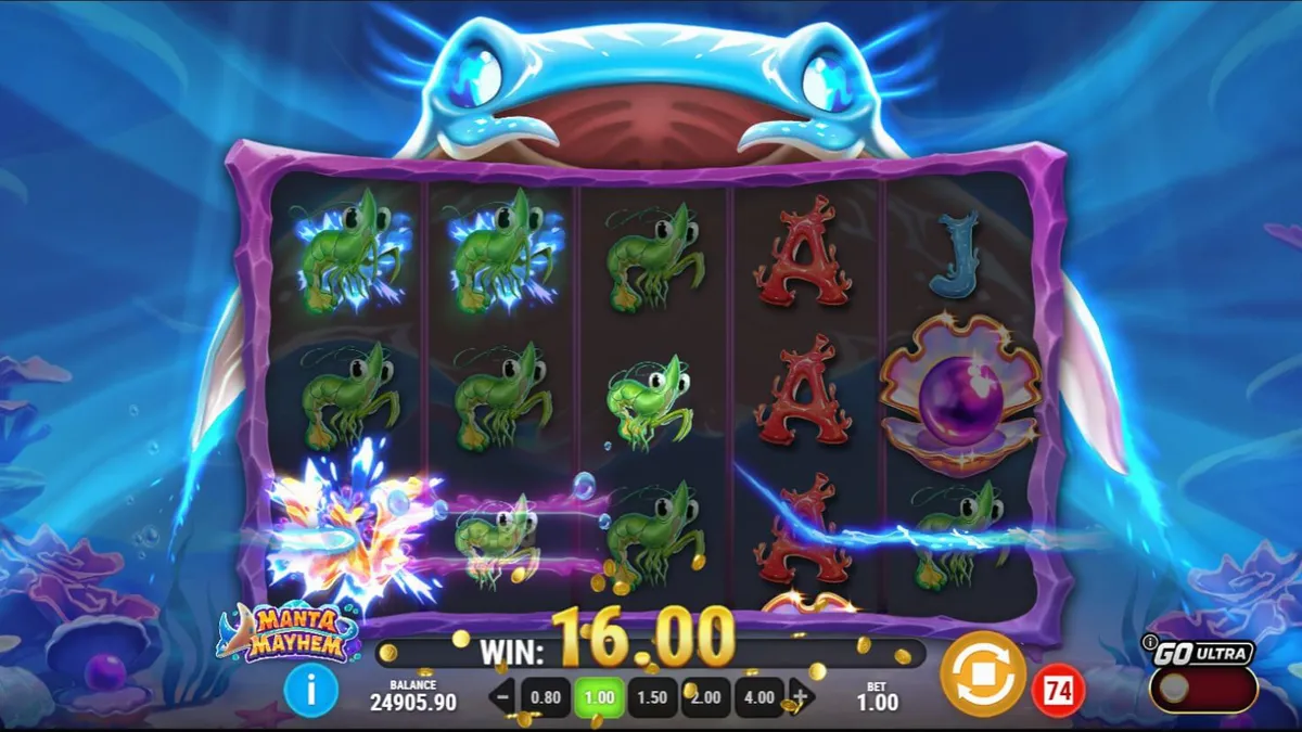 Tampilan visual slot Manta Mayhem dengan tema bawah laut yang cerah