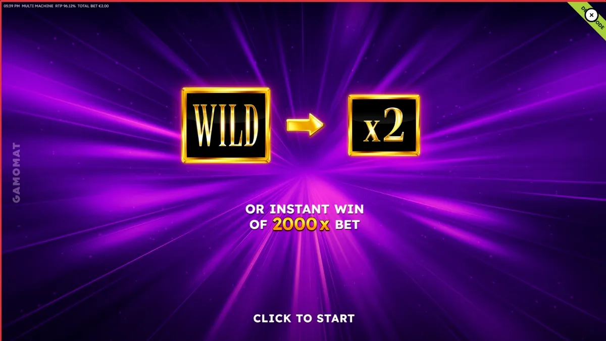 Tampilan visual mesin slot Multi Machine dengan simbol buah klasik dan aksen ungu modern