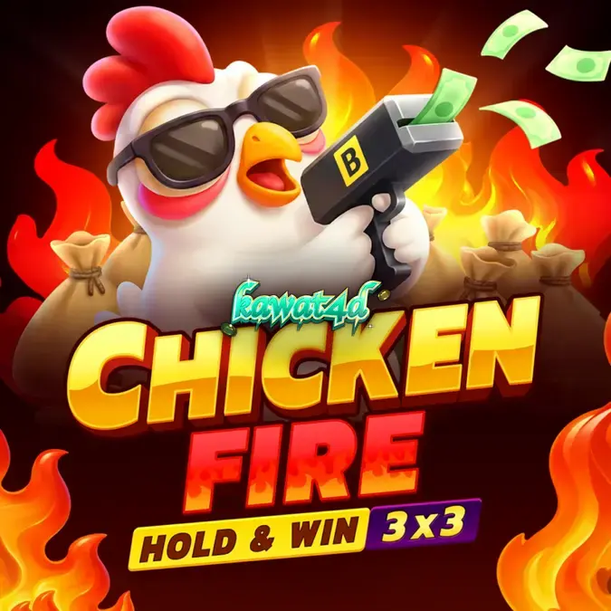 Tampilan visual slot Chicken Fire dengan grid 3x3 dan elemen api
