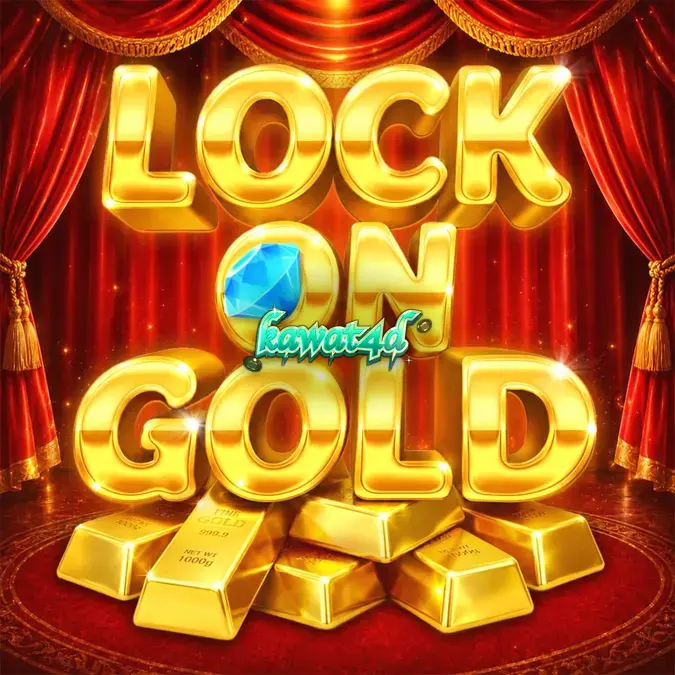 Tampilan visual slot Lock On Gold dengan tema kemewahan emas dan panggung teater