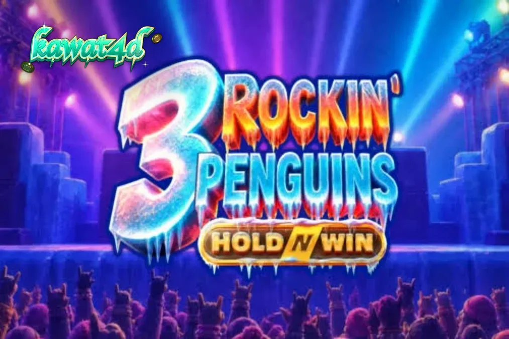 Tampilan visual slot 3 Rockin’ Penguins dengan tema konser penguin punk-rock